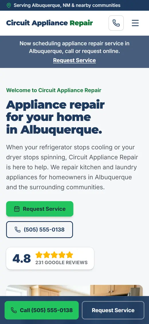 Appliance Repair website design, look 2 on a phone