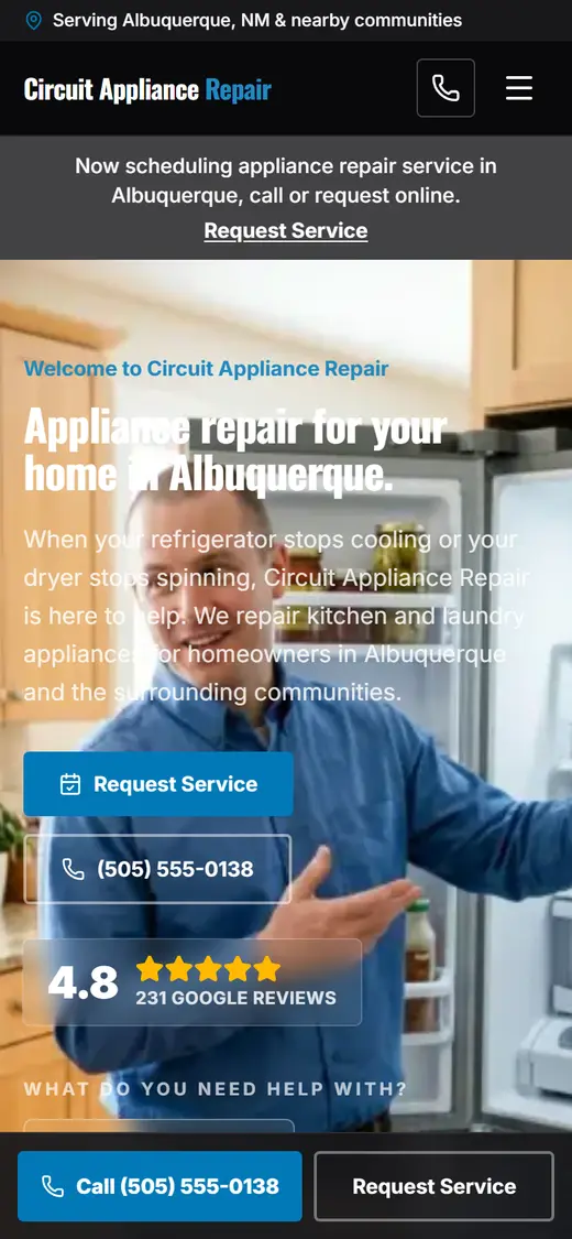 Example appliance repair website design on a phone