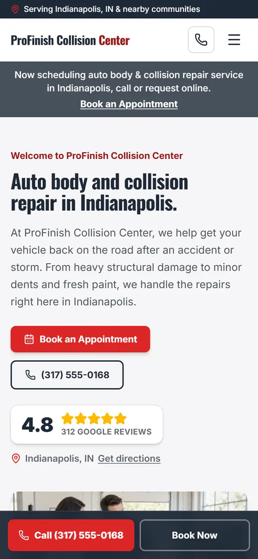 Example auto body & collision website design on a phone