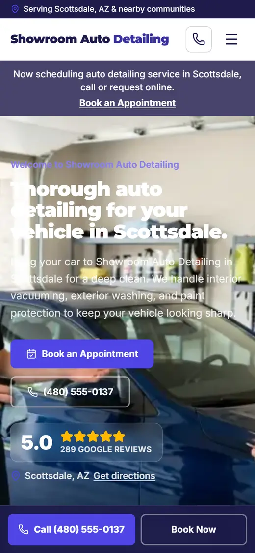Example auto detailing website design on a phone
