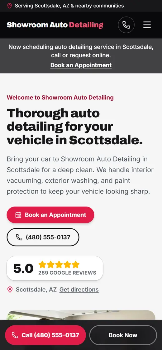 Auto Detailing website design, look 2 on a phone