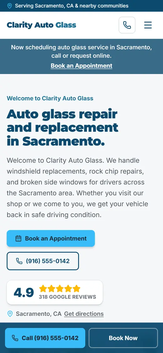 Example auto glass website design on a phone
