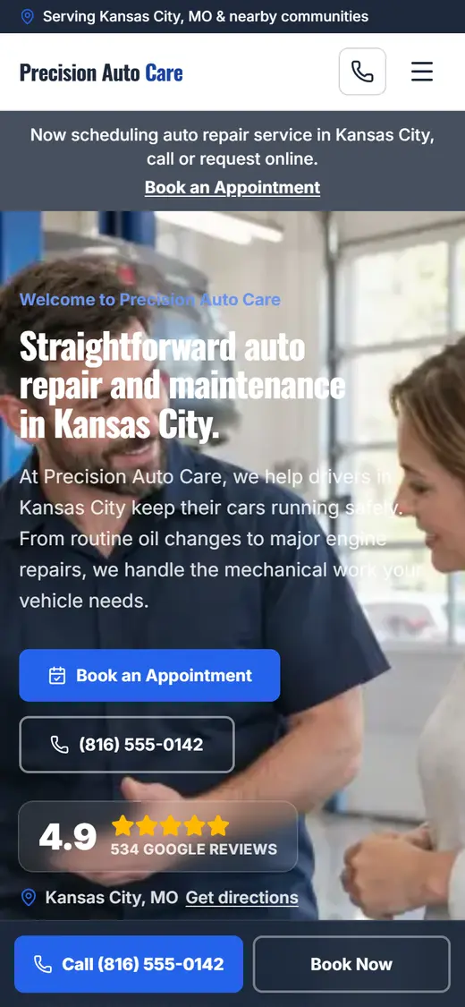 Example auto repair website design on a phone