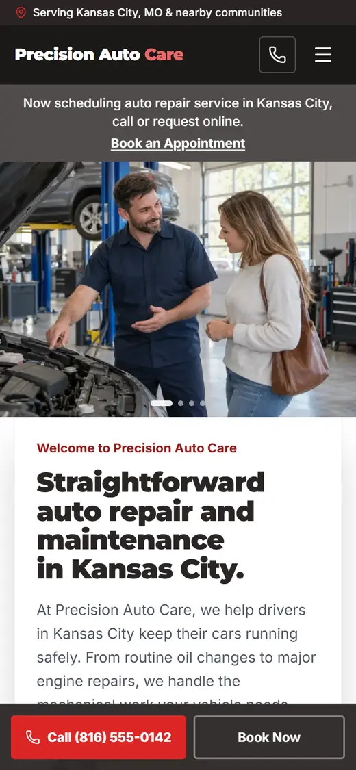 Auto Repair website design, look 2 on a phone