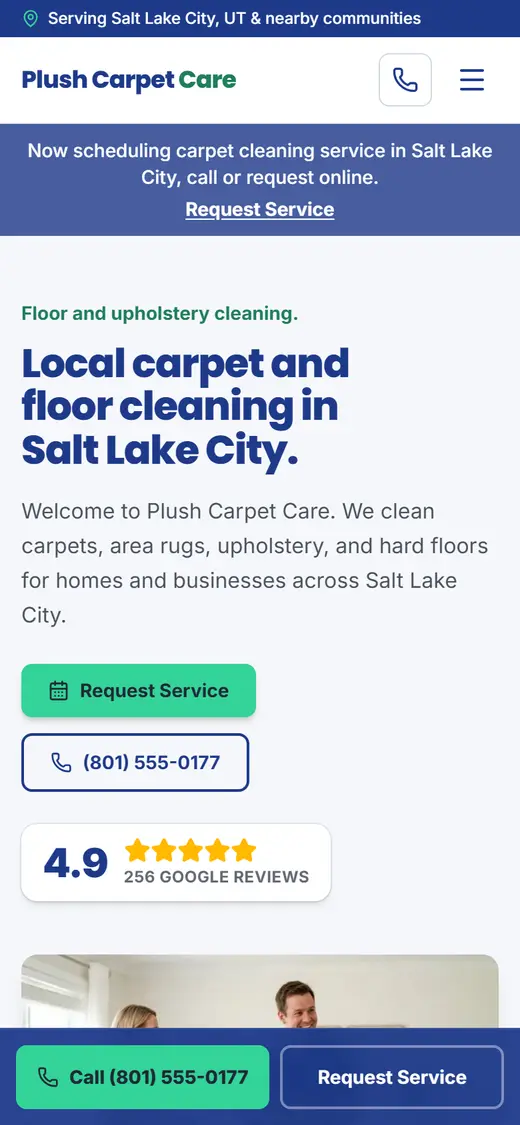 Example carpet cleaning website design on a phone
