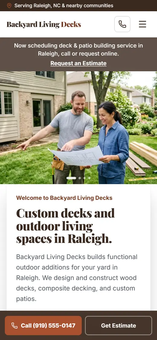 Example decks & patios website design on a phone
