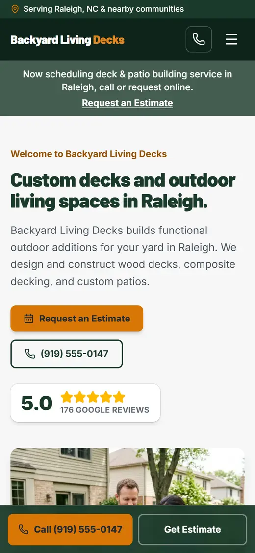 Decks & Patios website design, look 2 on a phone