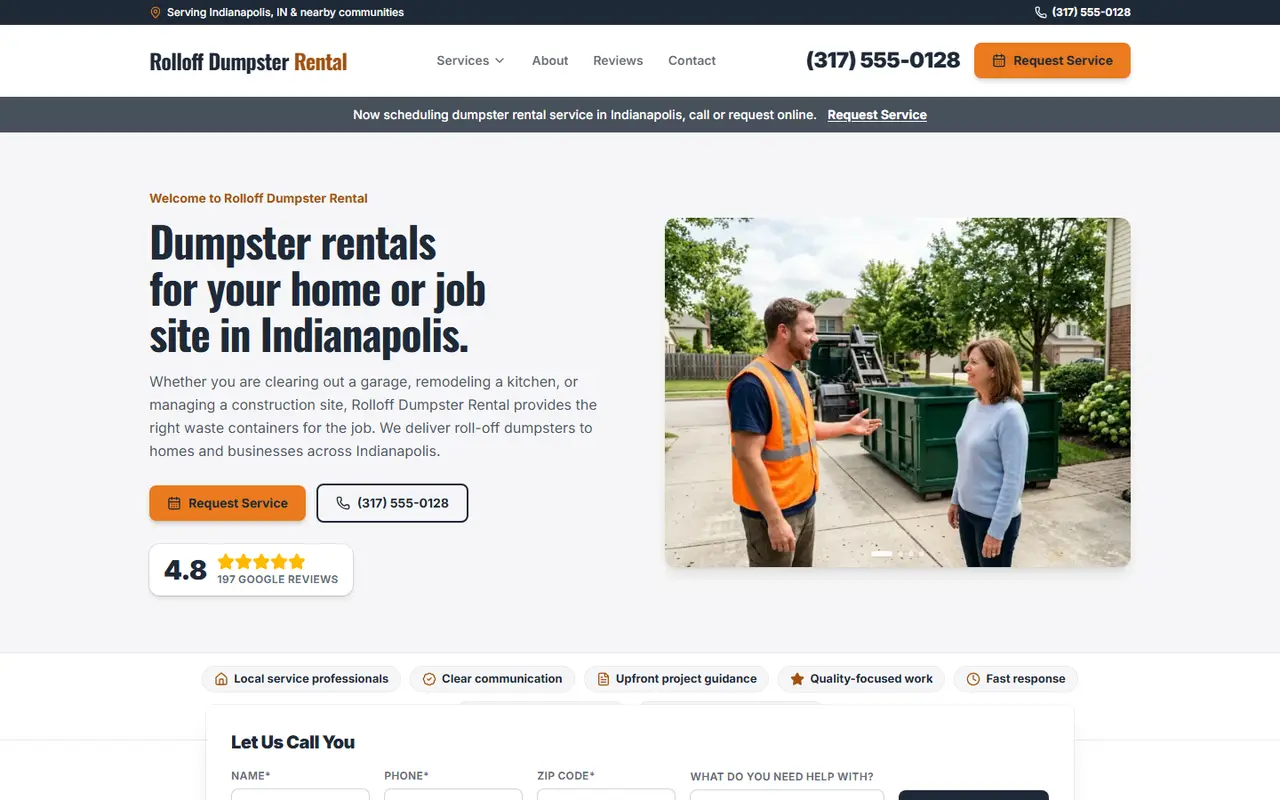 Example dumpster rental website design