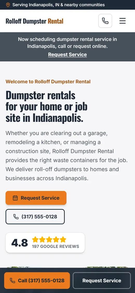 Example dumpster rental website design on a phone