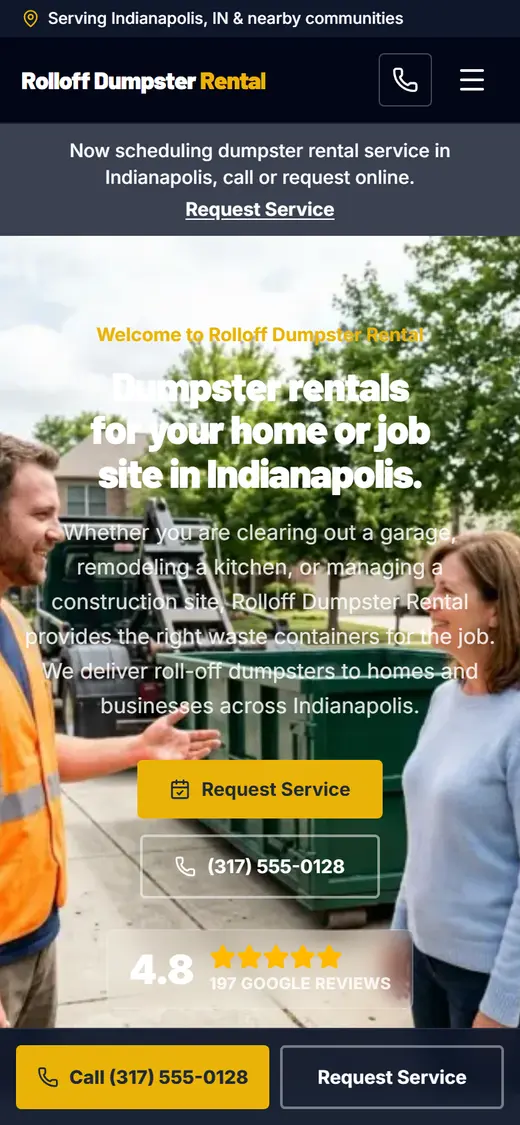 Dumpster Rental website design, look 2 on a phone
