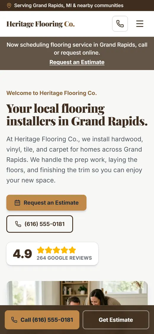 Example flooring website design on a phone