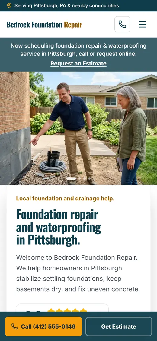 Example foundation & waterproofing website design on a phone
