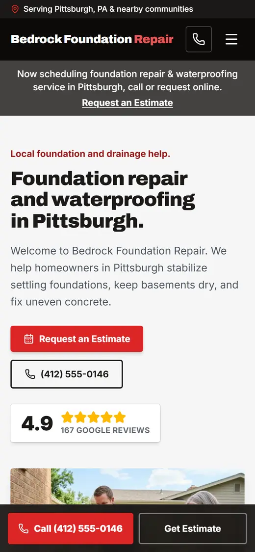 Foundation & Waterproofing website design, look 2 on a phone