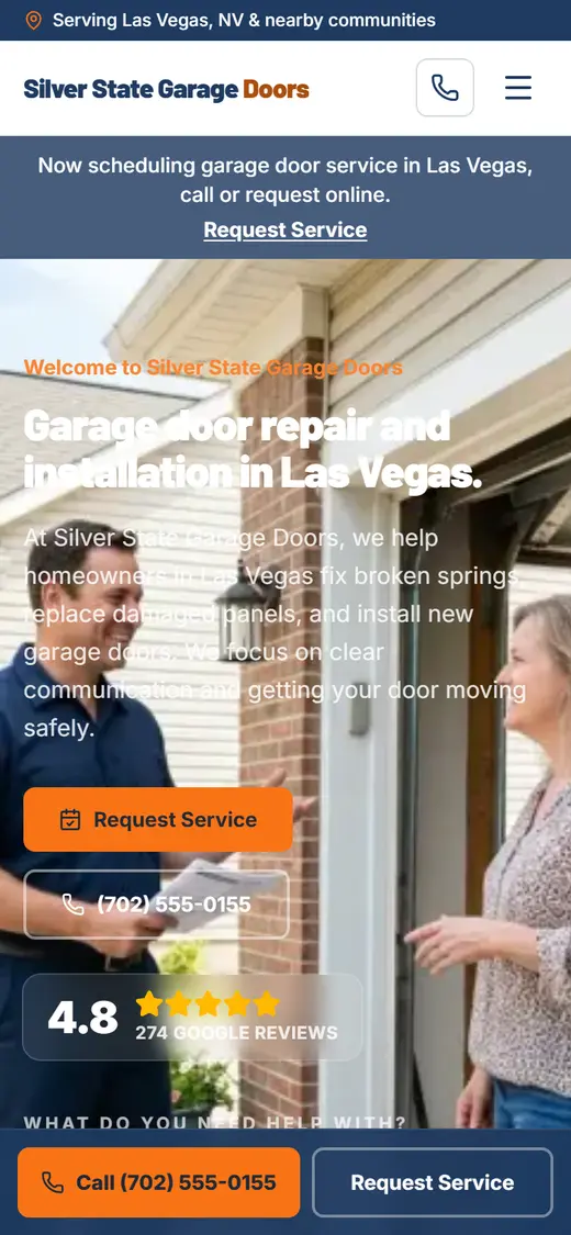 Example garage doors website design on a phone