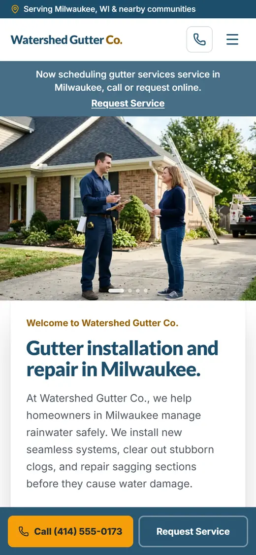 Example gutters website design on a phone