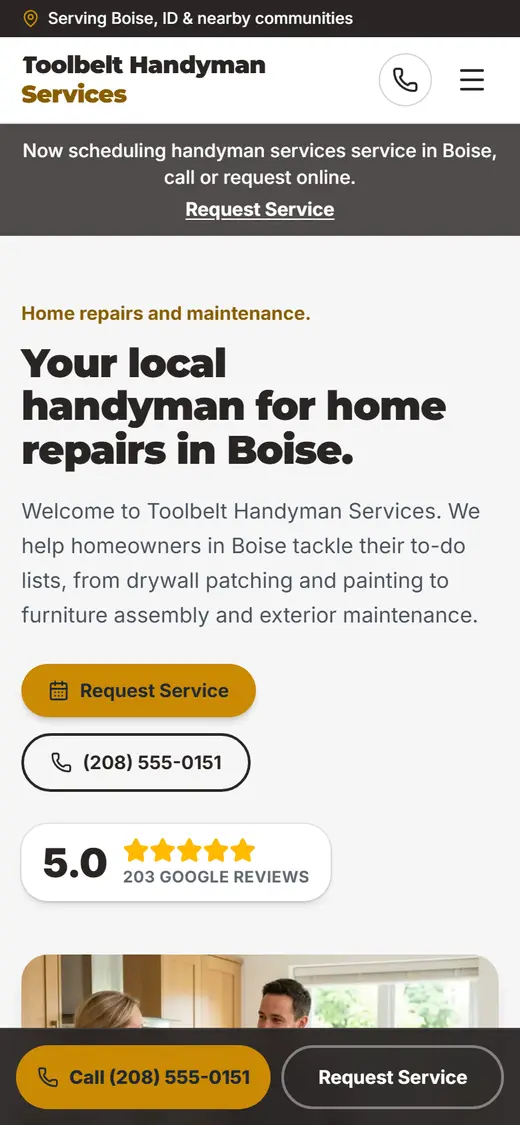 Handyman website design, look 2 on a phone