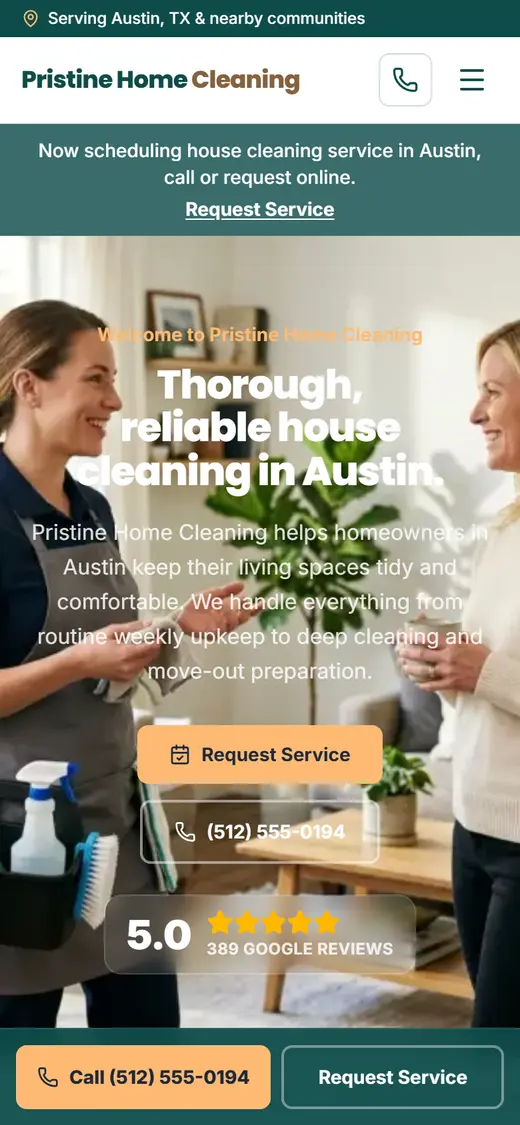 Example house cleaning website design on a phone