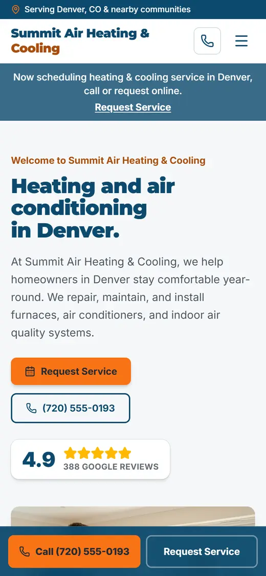 Example heating & air website design on a phone