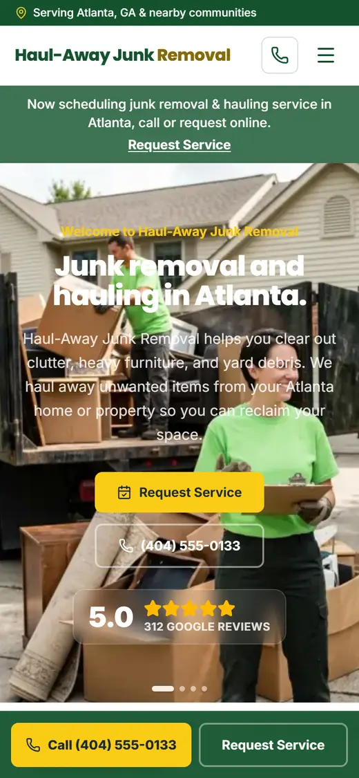 Example junk removal website design on a phone