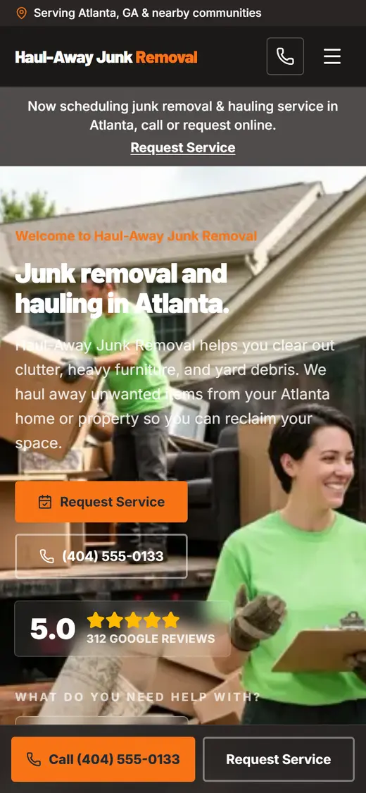 Junk Removal website design, look 2 on a phone