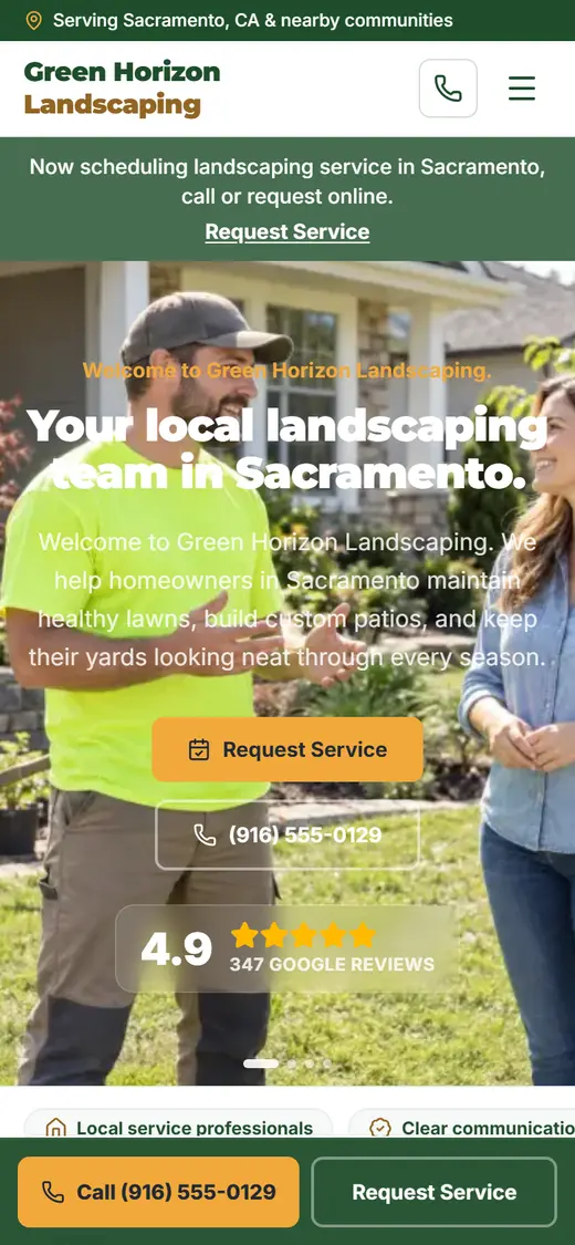Example landscaping website design on a phone