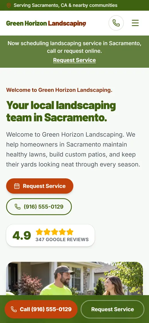 Landscaping website design, look 2 on a phone