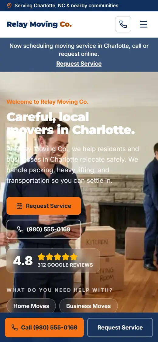 Example movers website design on a phone