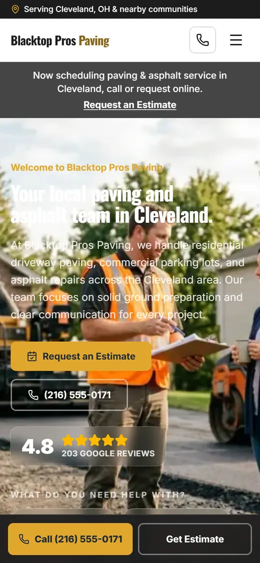Example paving & asphalt website design on a phone