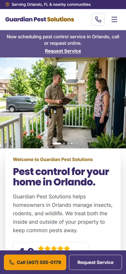 Example pest control website design on a phone