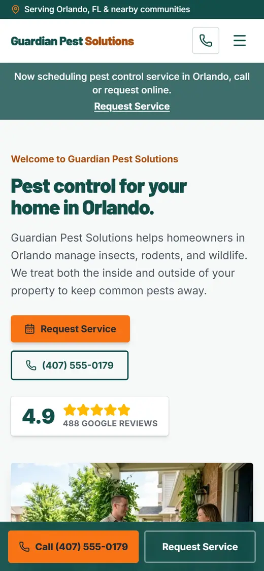Pest Control website design, look 2 on a phone