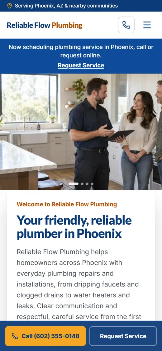Example plumbing website design on a phone