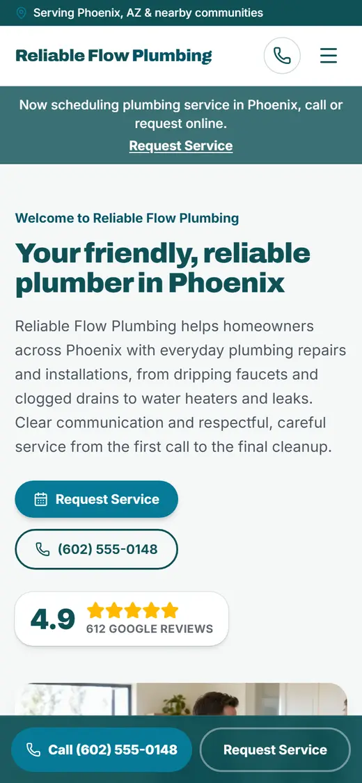 Plumbing website design, look 2 on a phone