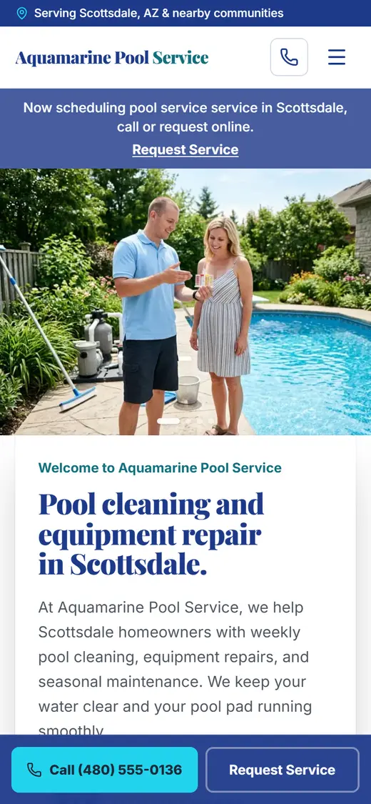 Pool Service website design, look 2 on a phone