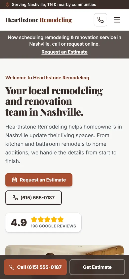 Example remodeling website design on a phone