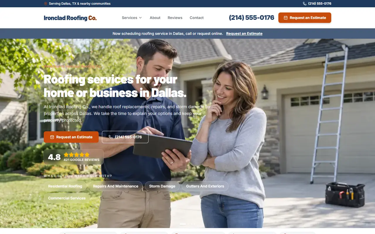 Example roofing website design