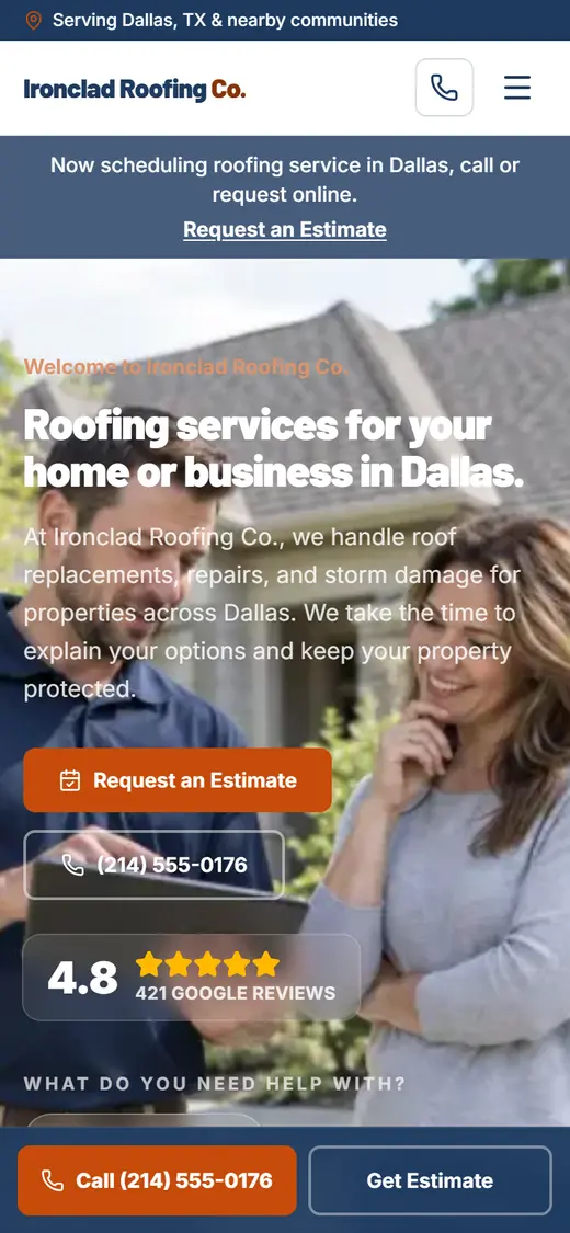 Example roofing website design on a phone