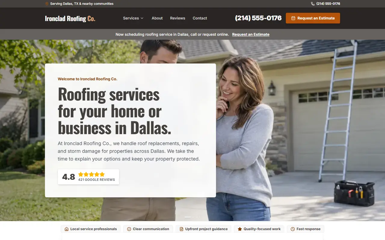 Roofing website design, look 2