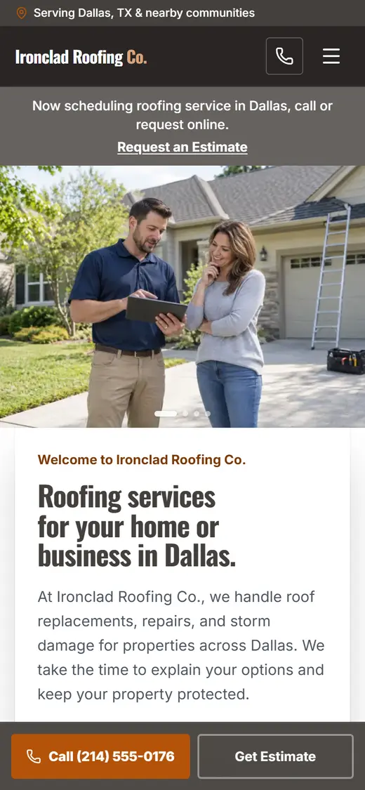 Roofing website design, look 2 on a phone