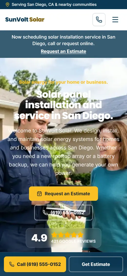 Example solar website design on a phone