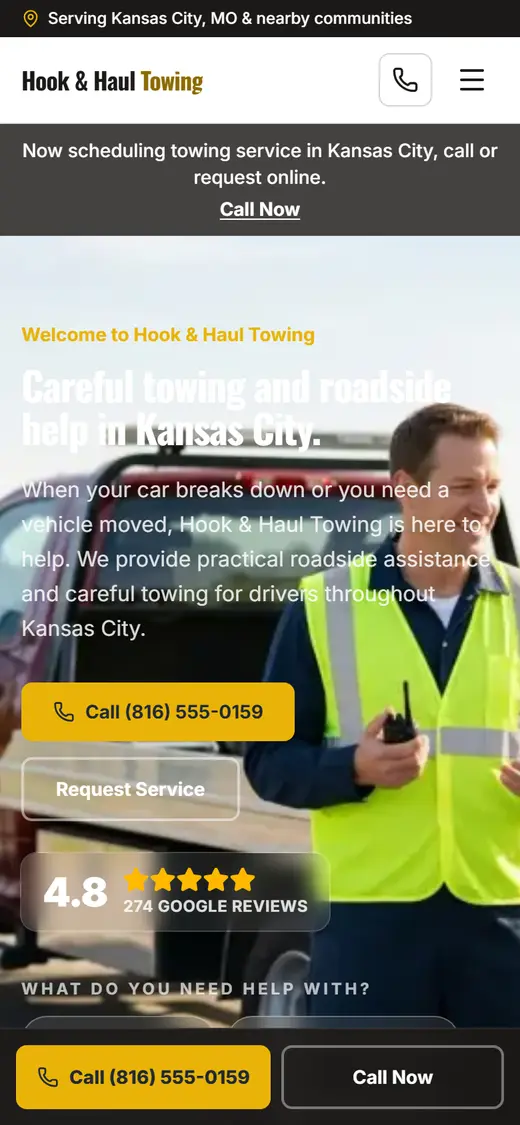 Example towing website design on a phone