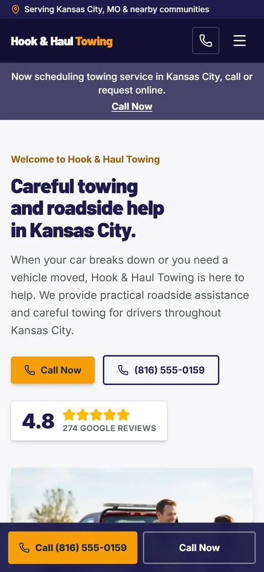 Towing website design, look 2 on a phone