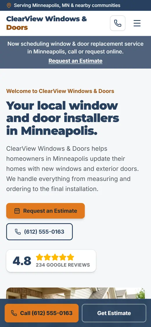 Example windows & doors website design on a phone