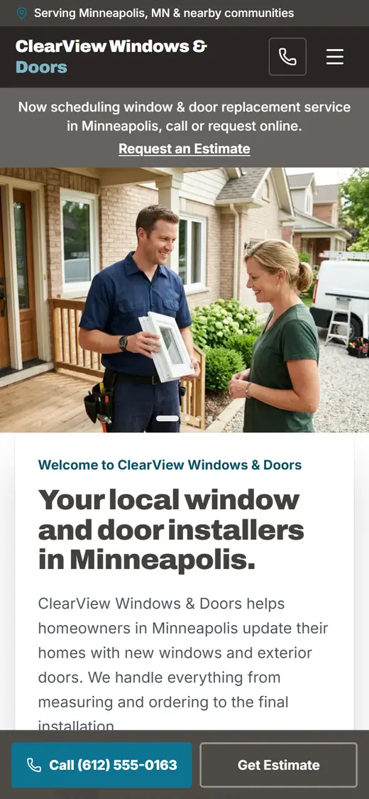 Windows & Doors website design, look 2 on a phone