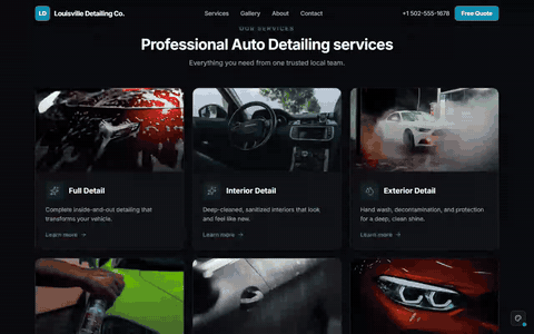 Sample auto detailing website scrolling through its homepage