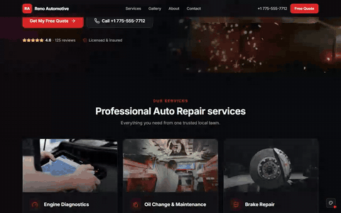 Sample auto repair website scrolling through its homepage