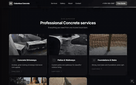 Sample concrete contractor website scrolling through its homepage