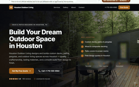 Sample deck & patio website scrolling through its homepage