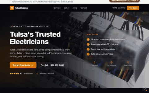 Sample electrician website scrolling through its homepage
