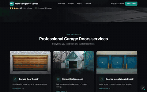Sample garage door website scrolling through its homepage