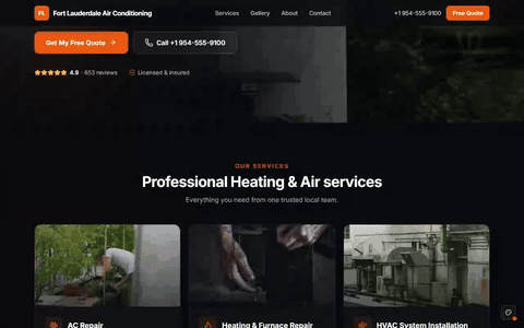 Sample hvac website scrolling through its homepage
